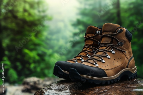 Obraz na płótnie Pair of sturdy brown hiking boots on textured stone surface with blurred forest background and copy space. Concept of outdoor gear ads, adventure blogs, or travel magazines showcasing rugged footwear. w salonie