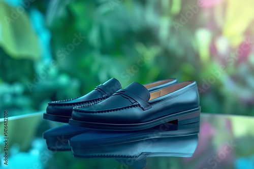 Obraz na płótnie Pair of stylish black loafers placed on sleek modern glass table, with lush greenery backdrop. Perfect for fashion websites, online shoe stores, or lifestyle blogs promoting sophisticated footwear. w salonie