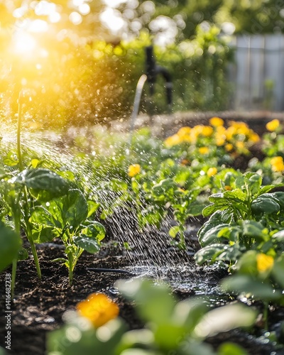 Watering garden plants at sunset