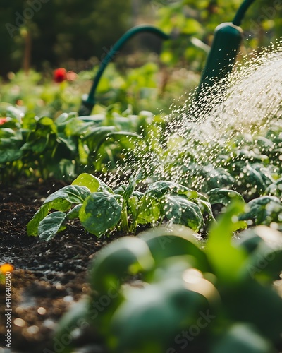Watering garden plants in sunlight