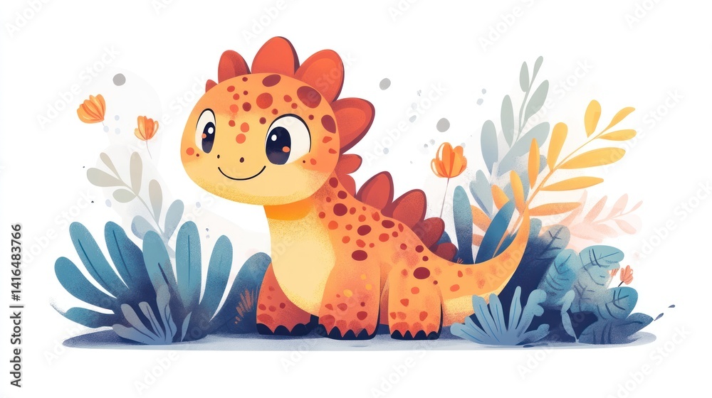 Cute cartoon dinosaur in a floral setting Cute cartoon dinosaur in a floral setting