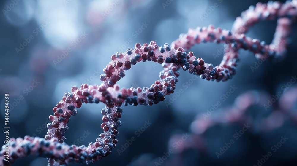 Close-up view of a DNA double helix structure with a blurred blue background, symbolizing genetics Close-up view of a DNA double helix structure with a blurred blue background, symbolizing genetics