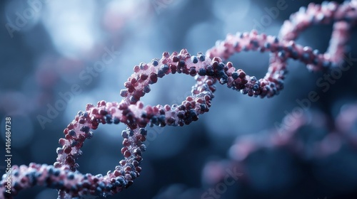 Close-up view of a DNA double helix structure with a blurred blue background, symbolizing genetics