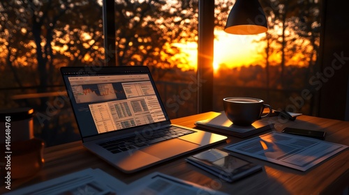Laptop Displaying Data at Desk with Sunset View and Coffee