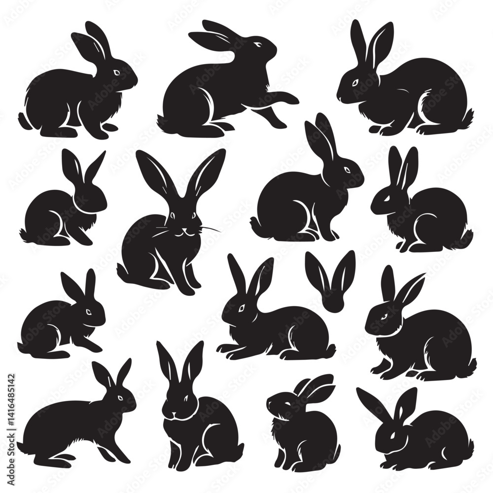 Fototapeta premium Rabbit Silhouette Collection – Cute Bunny Vector Set for Easter, Spring, and Woodland Designs