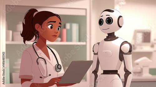 A healthcare professional interacts with a friendly robot assistant in a modern clinic setting