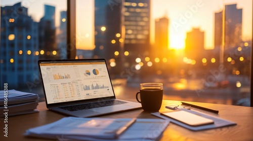 Working with Data on Laptop During Golden Hour in City