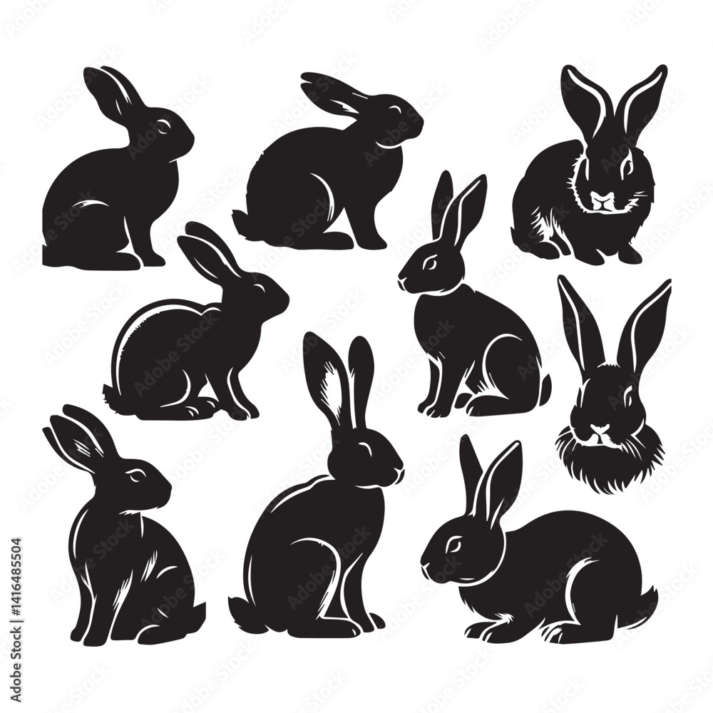 Fototapeta premium Rabbit Silhouette Collection – Cute Bunny Vector Set for Easter, Spring, and Woodland Designs