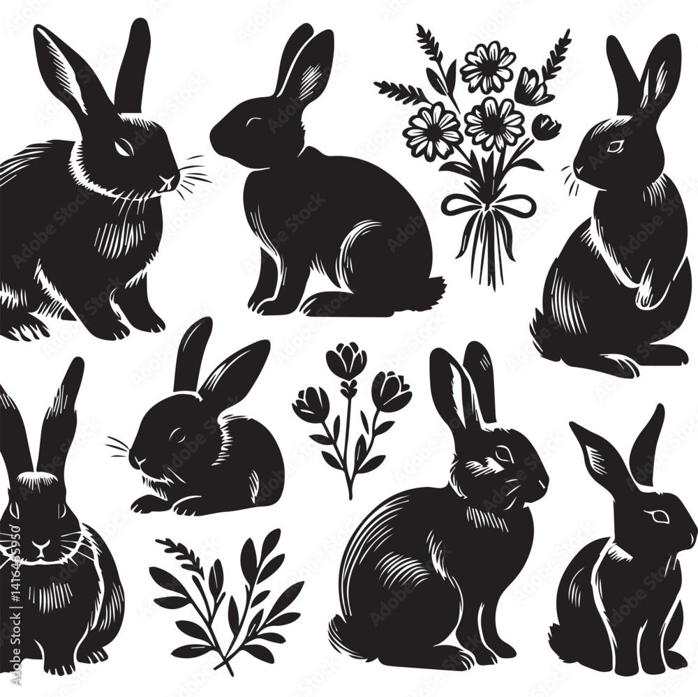 Obraz premium Rabbit Silhouette Collection – Cute Bunny Vector Set for Easter, Spring, and Woodland Designs