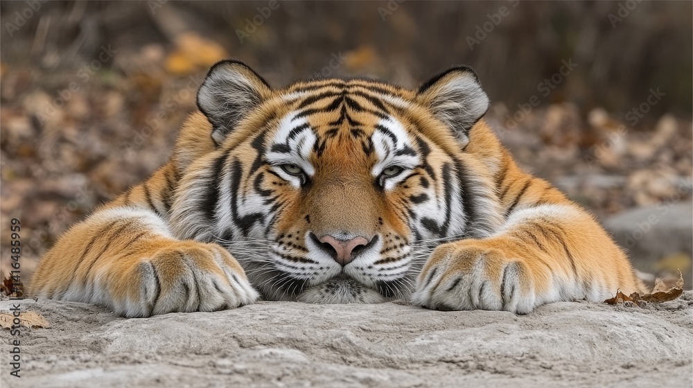 Fototapeta premium Captivating portrait of a siberian tiger resting its head in its paws creating an intimate glimpse into the calm serenity of the majestic feline