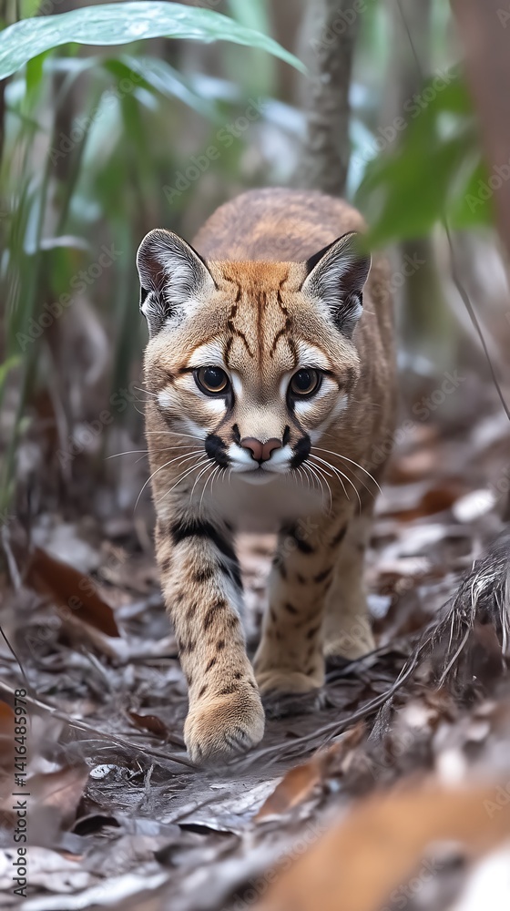 Fototapeta premium Jaguarundi Walking Through Jungle Foliage Hunting for Prey in Natural Habitat