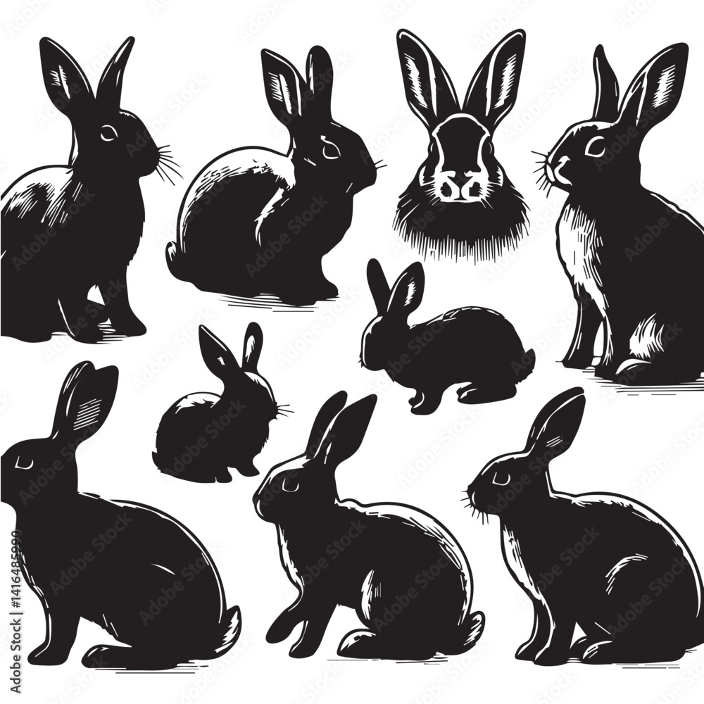 Obraz premium Rabbit Silhouette Collection – Cute Bunny Vector Set for Easter, Spring, and Woodland Designs