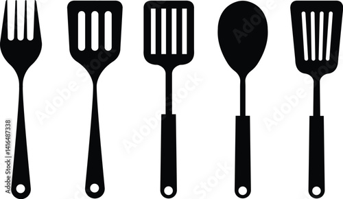 five black kitchen utensil silhouettes for cooking
