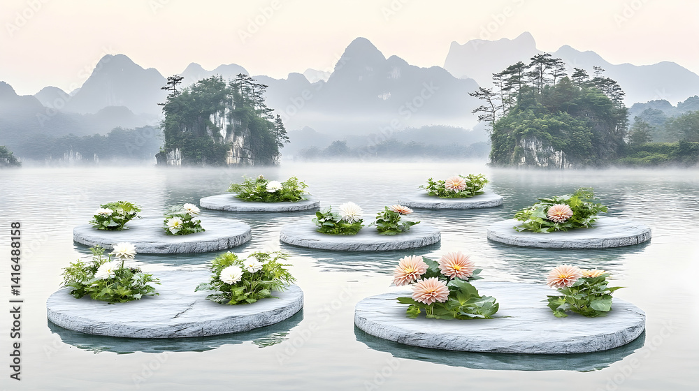 Fototapeta premium Floating stone platforms with flowers, nestled in a tranquil mountain lake.
