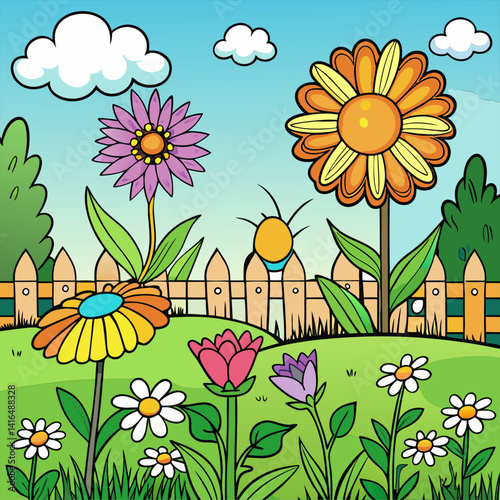 Beautiful Garden with Colorful Flowers and Wooden Fence