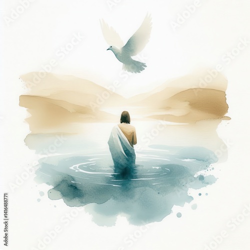 Jesus baptized by John in the Jordan River with the Holy Spirit as a dove above – minimalist watercolor illustration with calm and sacred tones