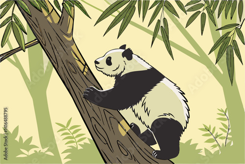 Cute Cartoon Baby Panda Silhouette in Bamboo Forest – Vector Nature Illustration photo