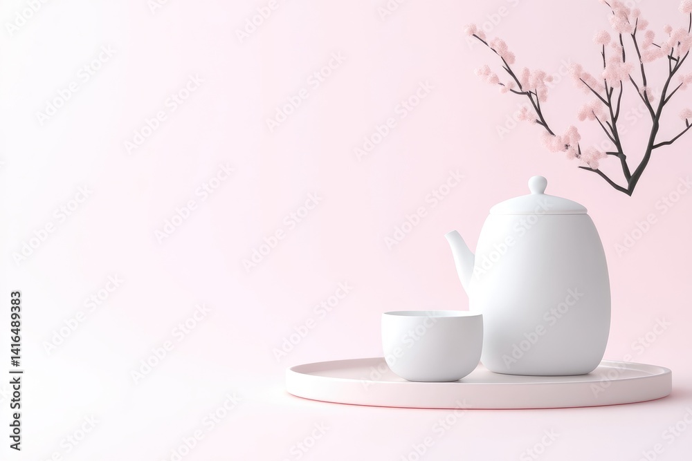 Simple, minimalist tea set, featuring a white teapot and cup, a round tray, and a delicate cherry blossom branch against a soft pink background