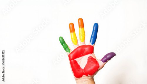 Colorful painted hand displaying creativity against a white background  