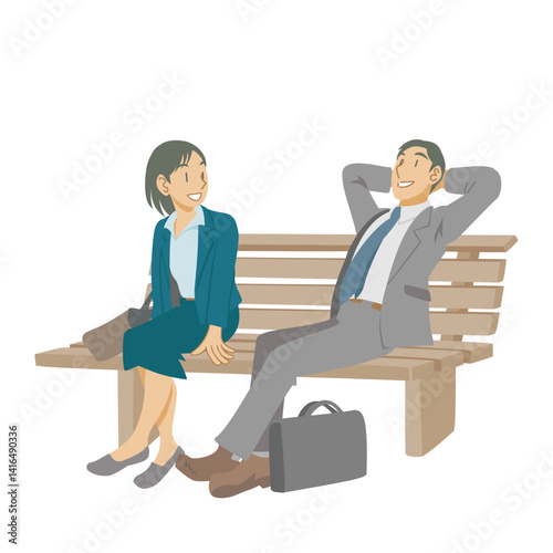 ベンチで談笑するビジネスパーソンの男女