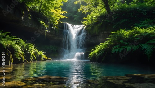 Beautiful Waterfall in Lush Green Forest Landscape