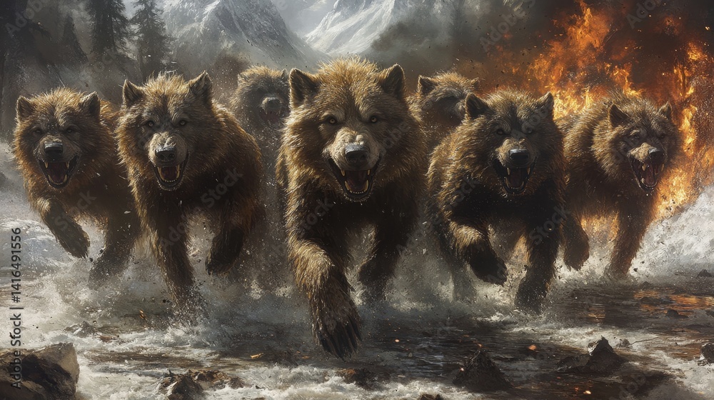 Fototapeta premium Fierce pack of dire wolves charging forward with fiery energy evoking primal strength and untamed wilderness in a high fantasy artwork style