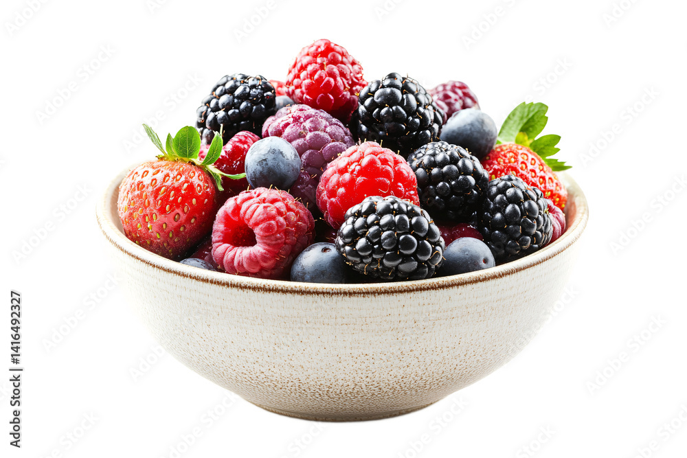 A vibrant bowl overflowing with juicy strawberries, raspberries, blackberries, and blueberries, a delightful summer berry medley in a rustic bowl against a bright white background.
