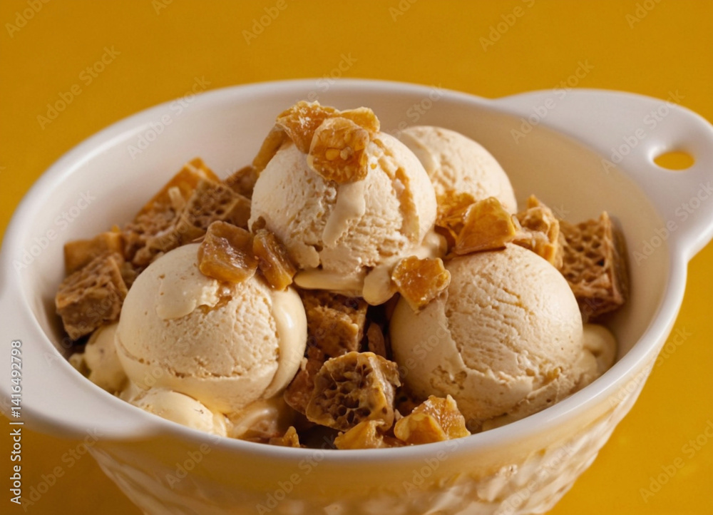 bowl of hokey pokey ice cream with honeycomb toffee pieces bowl of hokey pokey ice cream with honeycomb toffee pieces