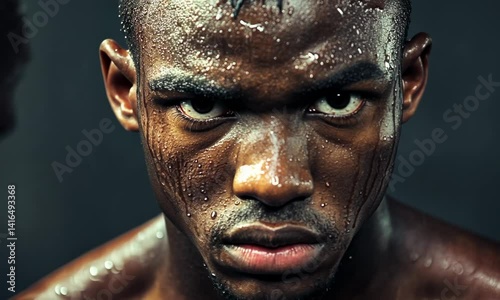 boxer staring down his opponent before a fight, sweat dripping, raw intensity