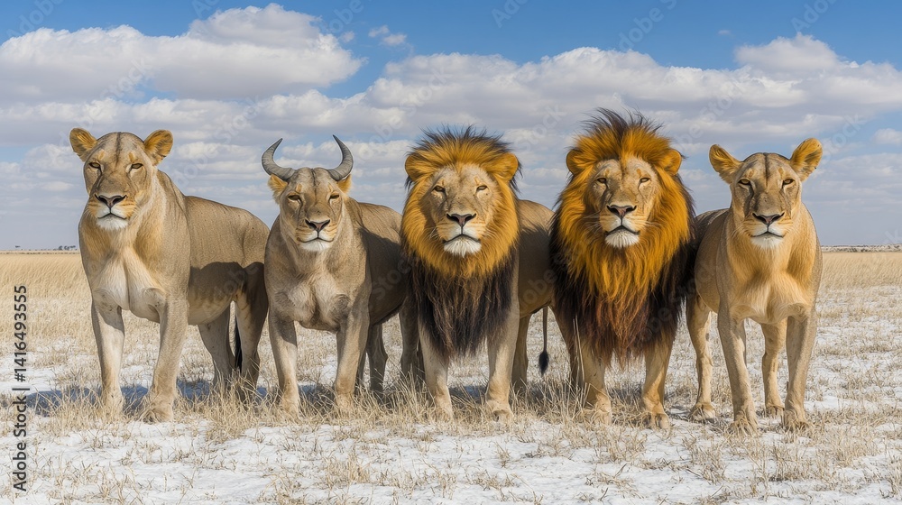 Magnificent pride of lions and lionesses standing imposingly in a barren landscape under a sunny sky symbolizing strength and unity in the wild nature Magnificent pride of lions and lionesses standing imposingly in a barren landscape under a sunny sky symbolizing strength and unity in the wild nature
