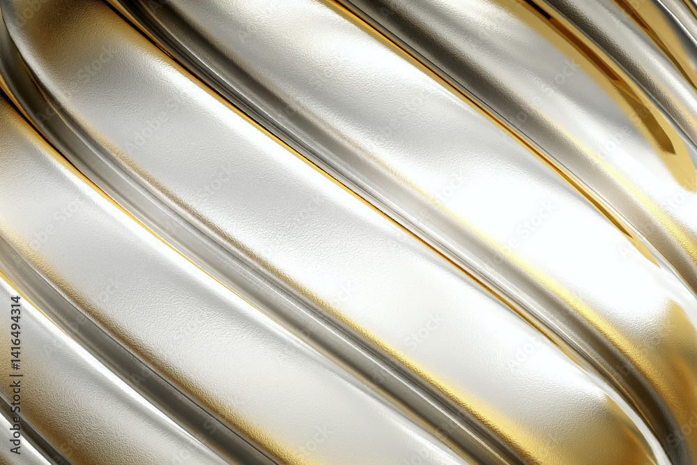 Luxurious silver and gold striped metallic surface with elegant curves and reflective highlights, combining warm and cool tones, 3d rendering