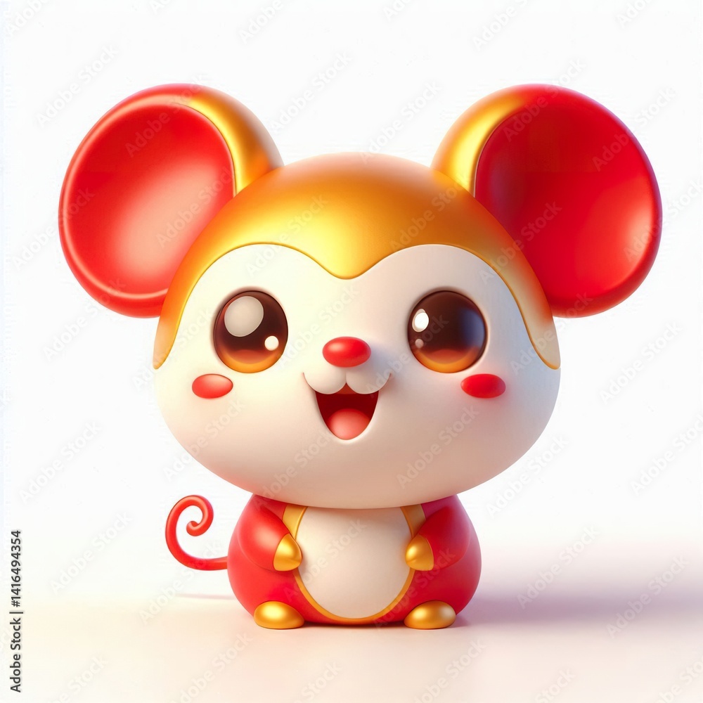 Naklejka premium A cheerful 3d anthropomorphic cute mouse with a rounded body, short legs, and big ears, featuring bright, red and gold colors Chinese New Year concept