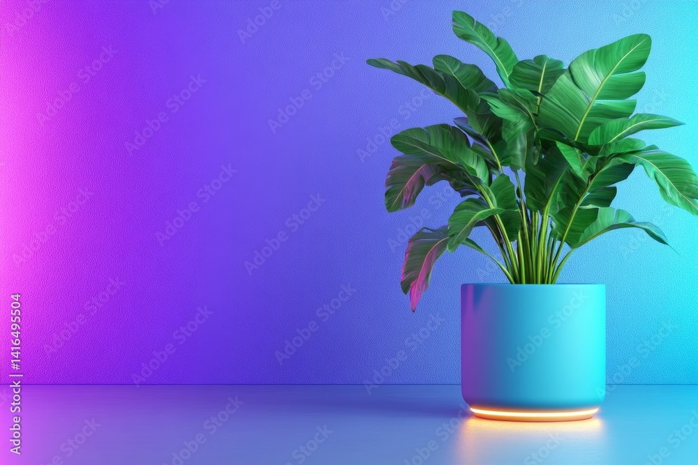 modern plants and flowers advertisement, cinematic style, minimalist tone, poster, product placement, cinematic lighting, neon lights, exciting mood, wide-angle, solid color background