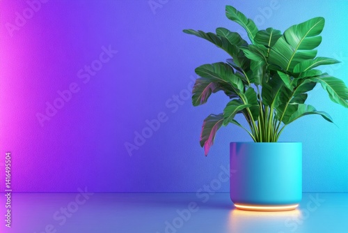 Obraz na płótnie modern plants and flowers advertisement, cinematic style, minimalist tone, poster, product placement, cinematic lighting, neon lights, exciting mood, wide-angle, solid color background w salonie