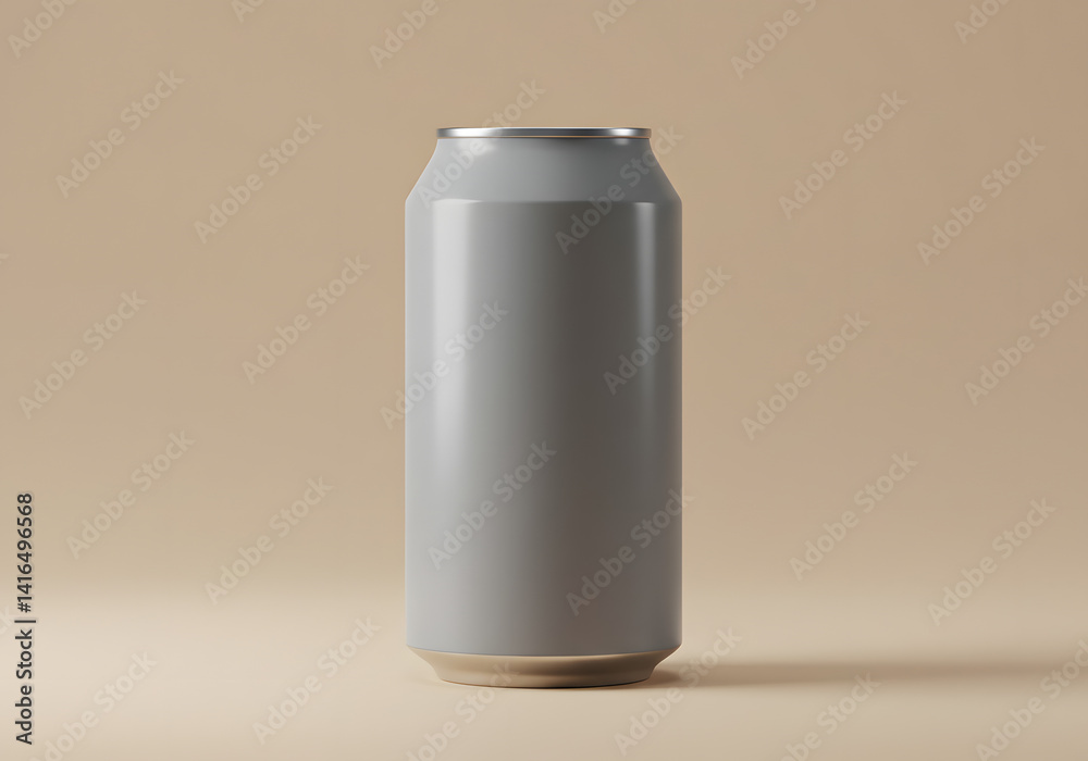 Sleek Gray Beverage Can Standing Tall Against a Neutral Beige Background, Highlighting Clean Sleek Gray Beverage Can Standing Tall Against a Neutral Beige Background, Highlighting Clean