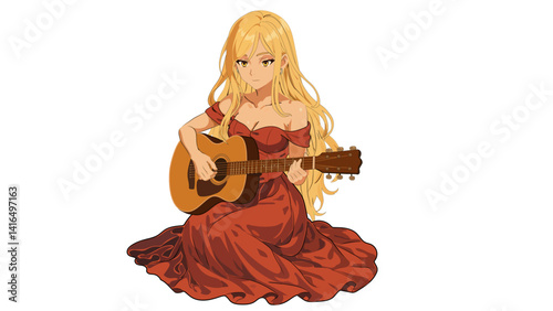 Mulher anime tocando violão, com vestidos longos, loira de cabelos longos 