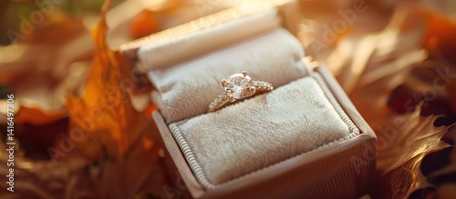 Romantic golden engagement ring in an elegant velvet box, fall season foliage