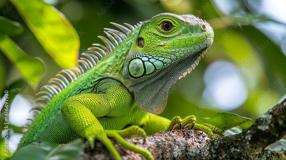 A green lizard is perched on a tree branch A green lizard is perched on a tree branch