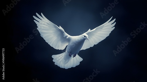 White Dove in Flight Against Dark Background