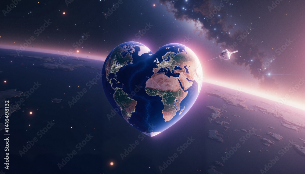 Naklejka premium Heart-shaped Earth drifting in space with the Milky Way, universal love