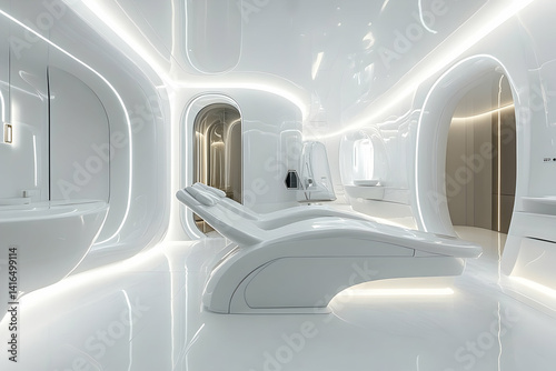 Modern spa treatment room with sleek, futuristic design. photo