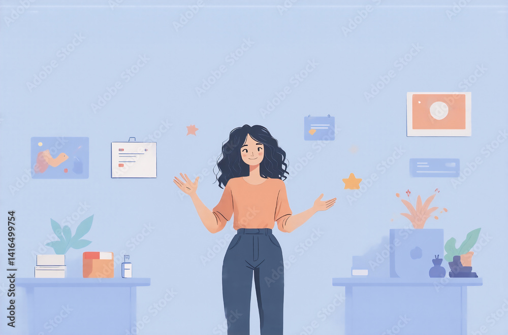 A cheerful avatar of a woman stands in her organized workspace, juggling tasks and radiating positivity. Her calm demeanor suggests effortless multitasking and success. A cheerful avatar of a woman stands in her organized workspace, juggling tasks and radiating positivity. Her calm demeanor suggests effortless multitasking and success.
