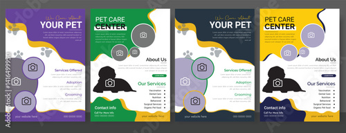 Pet care center flyer design template or pet adoption poster design. Professional Pet Clinic Flyer Vet and Animal Care Animal Rescue and Charity Flyer. Set of pet care promotion banner social media .