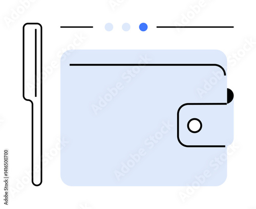 Wallet outline with clasp and minimal design beside stylized pen. Ideal for finance, payment, budgeting, savings, planning, organization, simple landing page