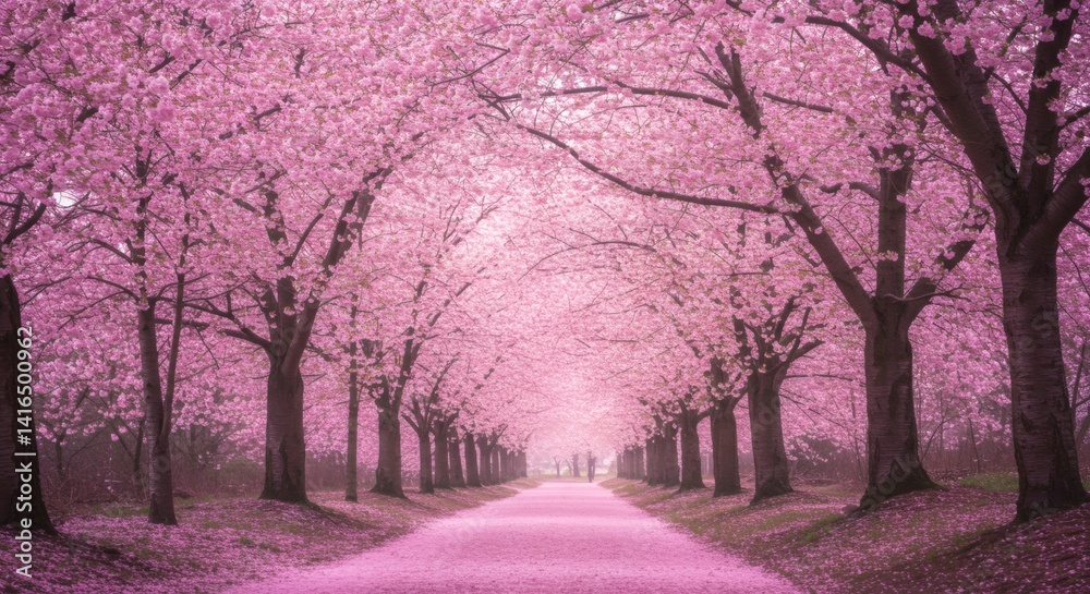 Walking Path Lined with Blooming Cherry Trees in Springtime Pink Walking Path Lined with Blooming Cherry Trees in Springtime Pink