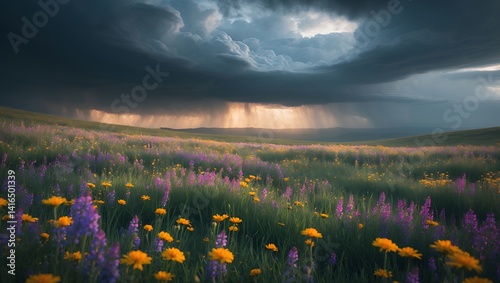 Flower field under storm cloud with rain