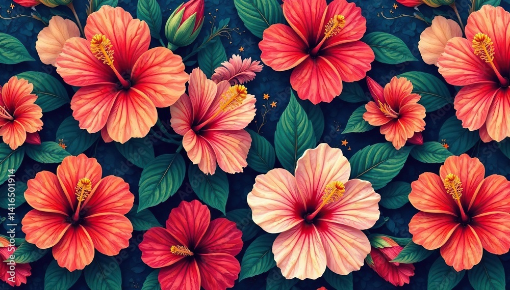 Bold, stylized hibiscus blooms in vibrant color repeat across the fabric , geometric, pink, pattern design Bold, stylized hibiscus blooms in vibrant color repeat across the fabric , geometric, pink, pattern design