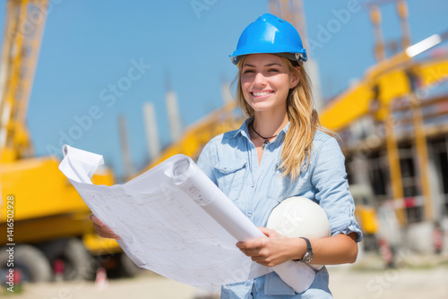 Smiling female civil engineer holding blueprints at a construction site. Project planning, development.