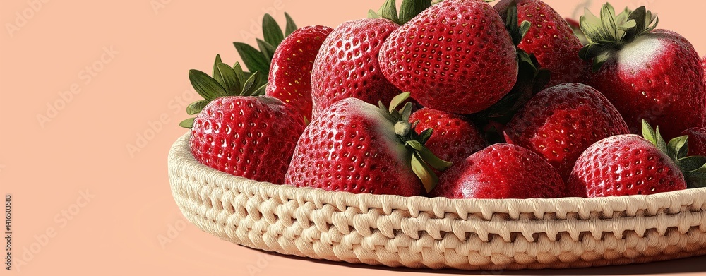A woven basket filled with fresh, vibrant strawberries against a soft, peach background.