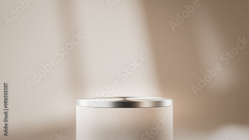 Close-up of modern pedestal top with brushed metal lid on textured base. Minimalist composition with soft shadows on neutral background. Ideal for premium product mockup or abstract detail.